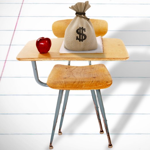 Student desk with money bag and apple